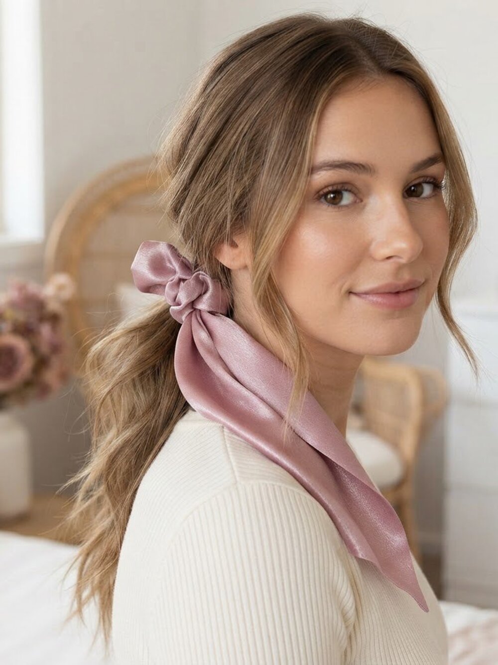 Pink Shimmer Hair Scarf and Matching Scrunchie Set Dusty Rose Silky Accessory